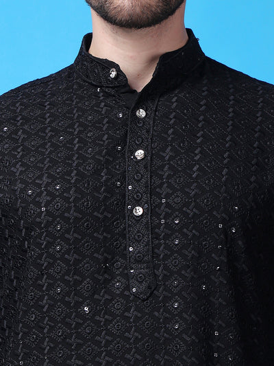 Hangup Men Partywear Embroidered  Black Kurta Pyjama Set