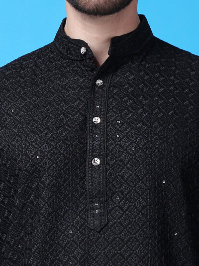 Hangup Men Partywear Embroidered  Black Kurta Pyjama Set