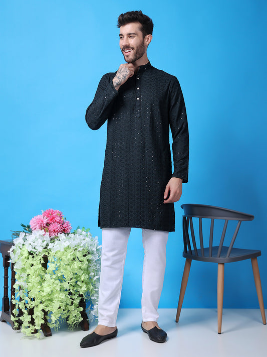 Hangup Men Partywear Embroidered  Black Kurta Pyjama Set