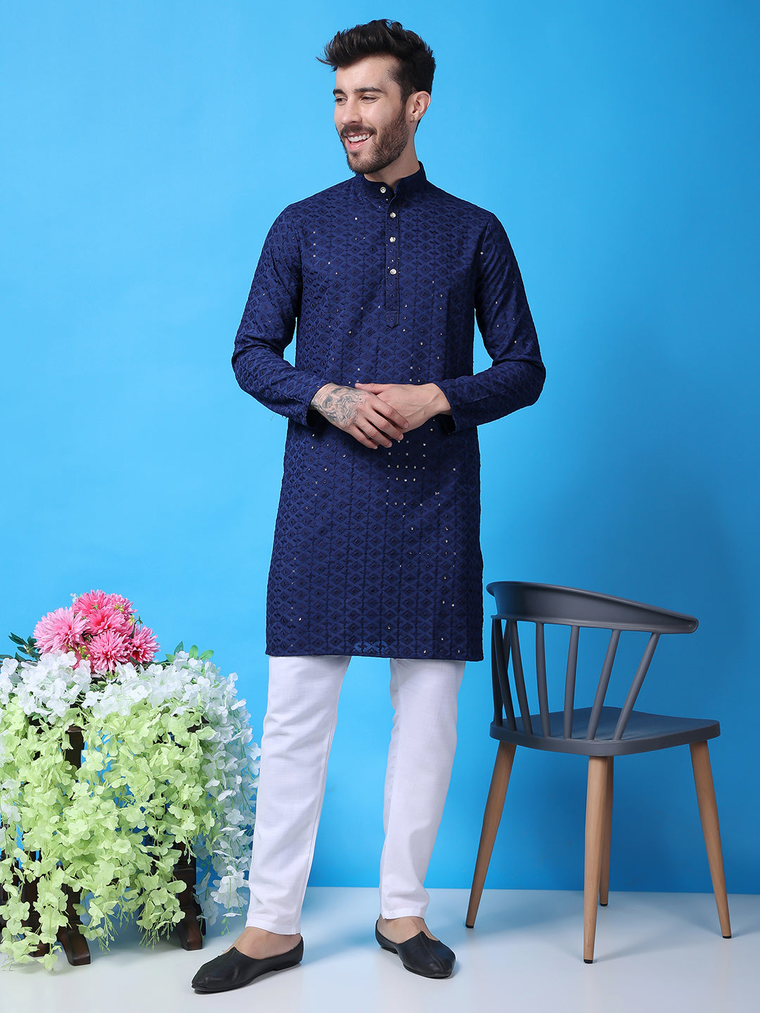 Hangup Men Partywear Embroidered  Dark Blue Kurta Pyjama Set