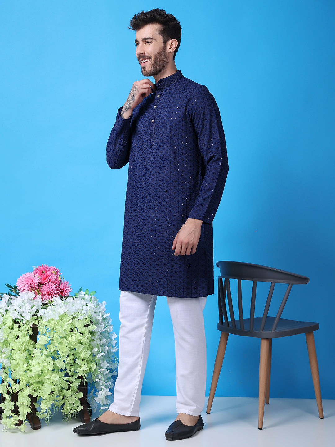 Hangup Men Partywear Embroidered  Dark Blue Kurta Pyjama Set