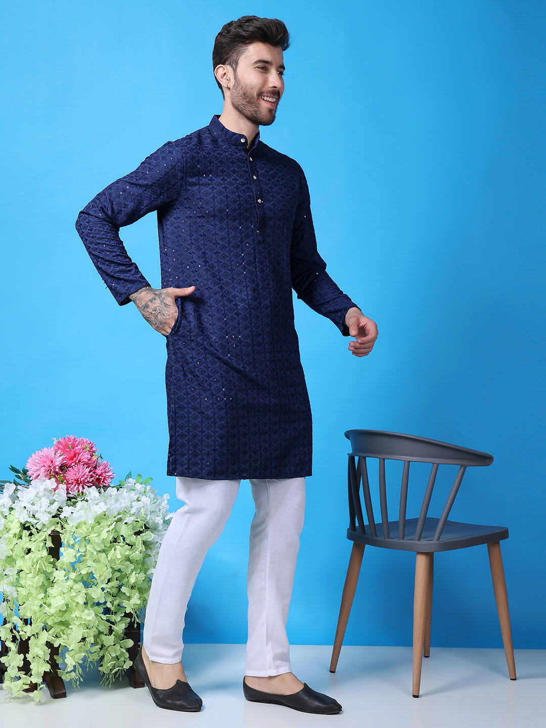 Hangup Men Partywear Embroidered  Dark Blue Kurta Pyjama Set