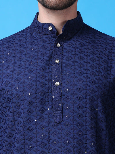 Hangup Men Partywear Embroidered  Dark Blue Kurta Pyjama Set