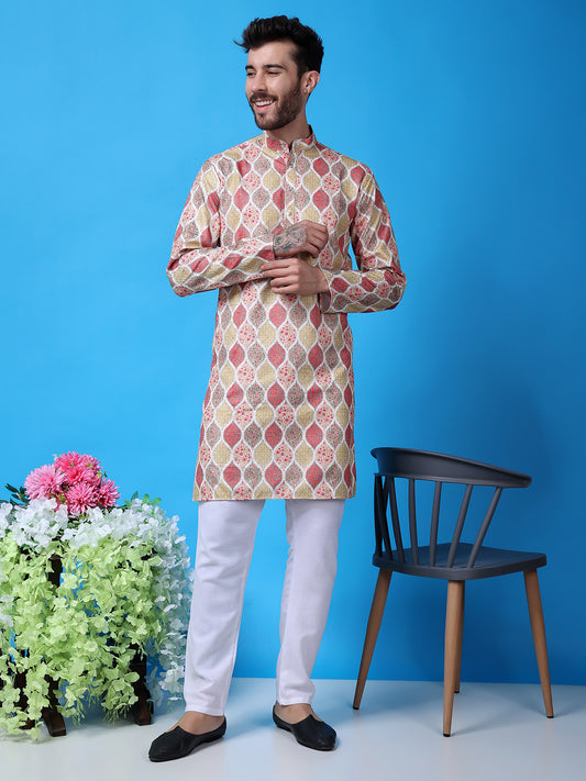 Hangup Men Partywear Embroidered  Multi color Kurta Pyjama Set