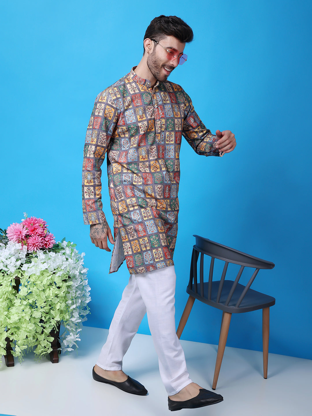 Hangup Men Partywear Embroidered  Multi color Kurta Pyjama Set