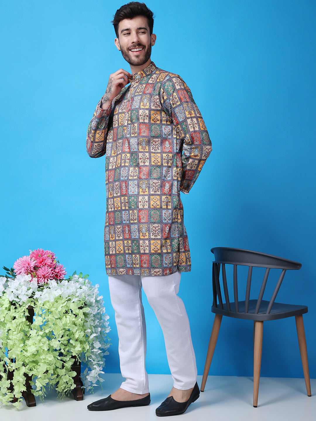 Hangup Men Partywear Embroidered  Multi color Kurta Pyjama Set