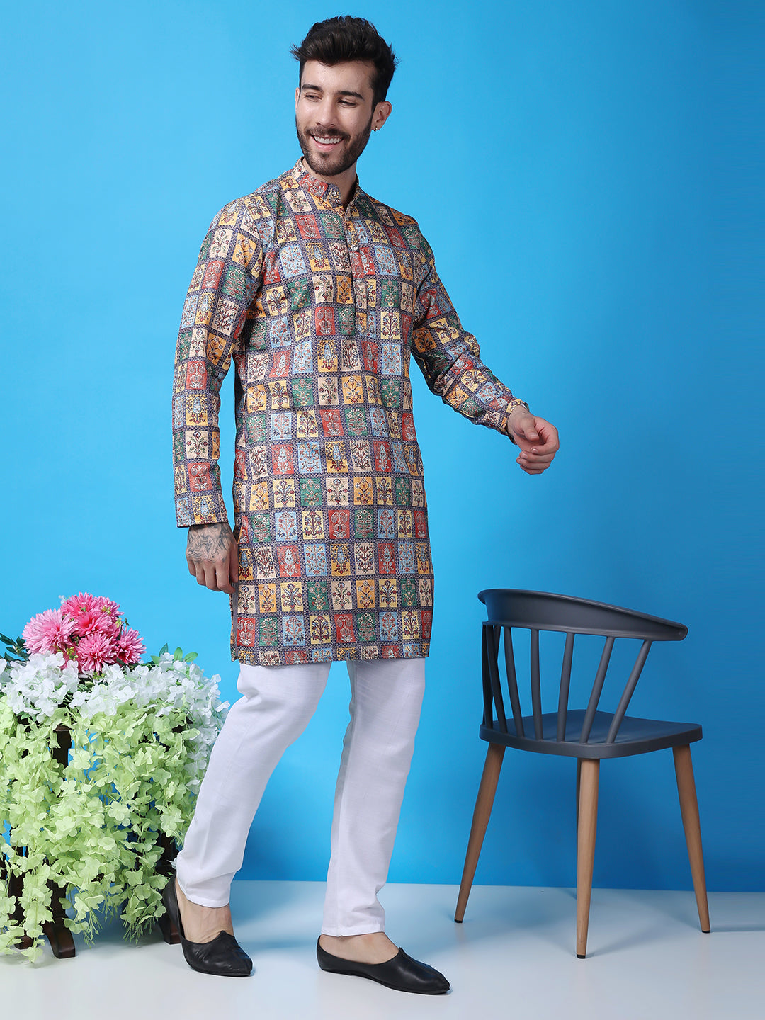 Hangup Men Partywear Embroidered  Multi color Kurta Pyjama Set