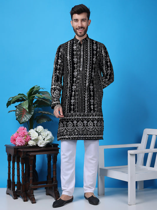 Hangup Men Partywear Embroidered  Black Kurta Pyjama Set