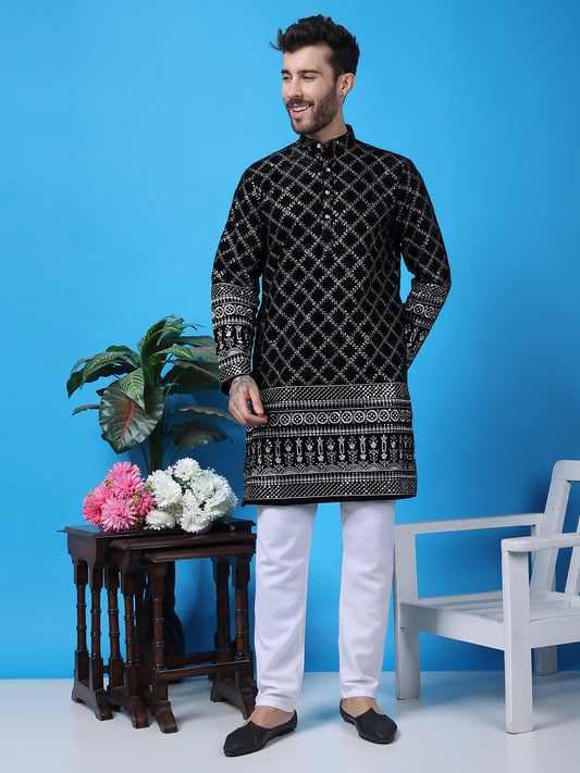 Hangup Men Partywear Embroidered  Black Kurta Pyjama Set