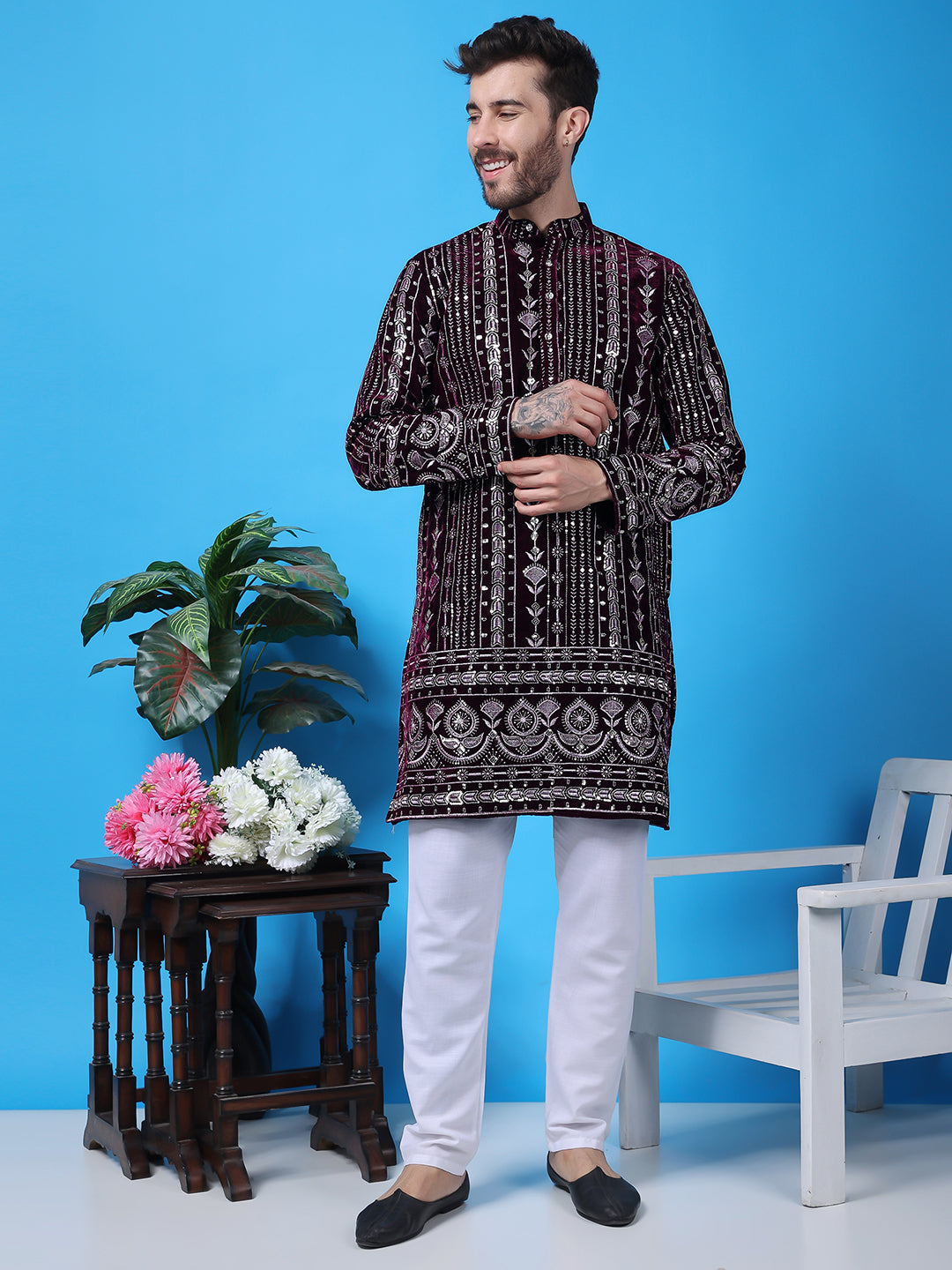 Hangup Men Partywear Embroidered  Purple Kurta Pyjama Set