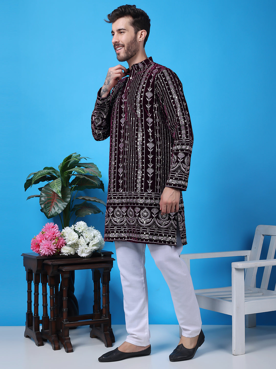 Hangup Men Partywear Embroidered  Purple Kurta Pyjama Set