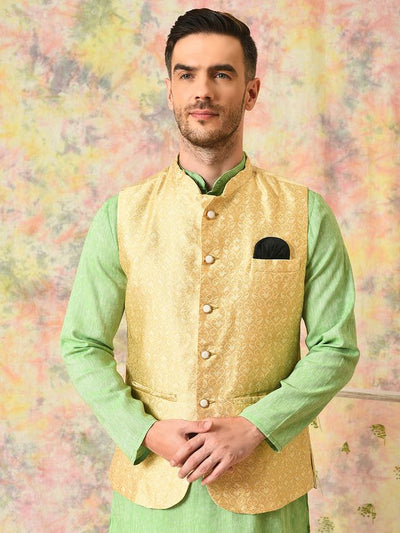 Hangup Men's Ethnic Green Long Kurta Pyjama and Nehru Jacket Set