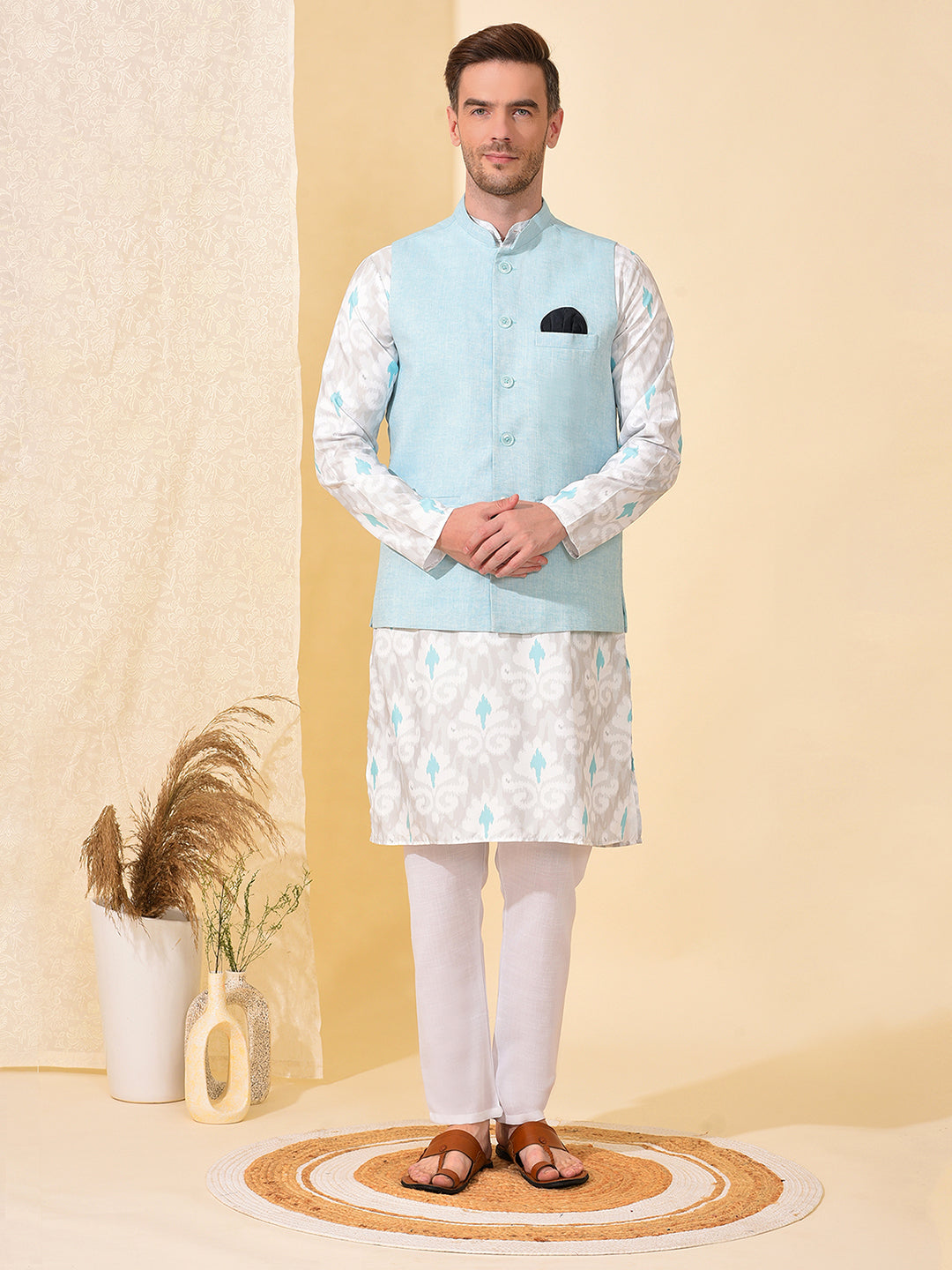 Hangup Men's Ethnic Aqua Long Kurta Pyjama and Nehru Jacket Set