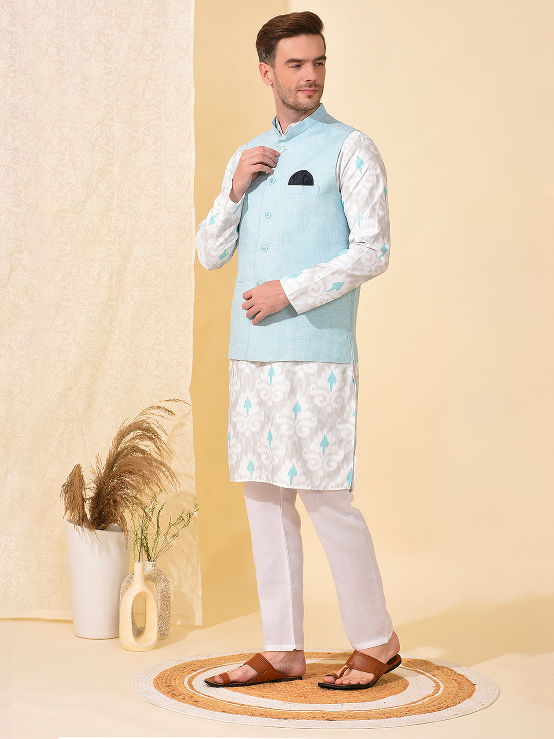 Hangup Men's Ethnic Aqua Long Kurta Pyjama and Nehru Jacket Set