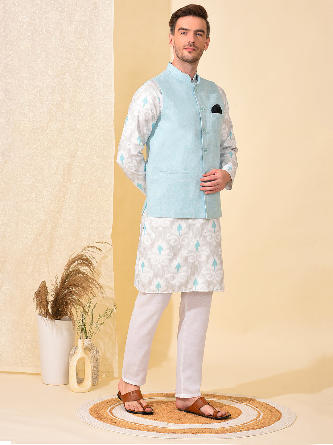 Hangup Men's Ethnic Aqua Long Kurta Pyjama and Nehru Jacket Set