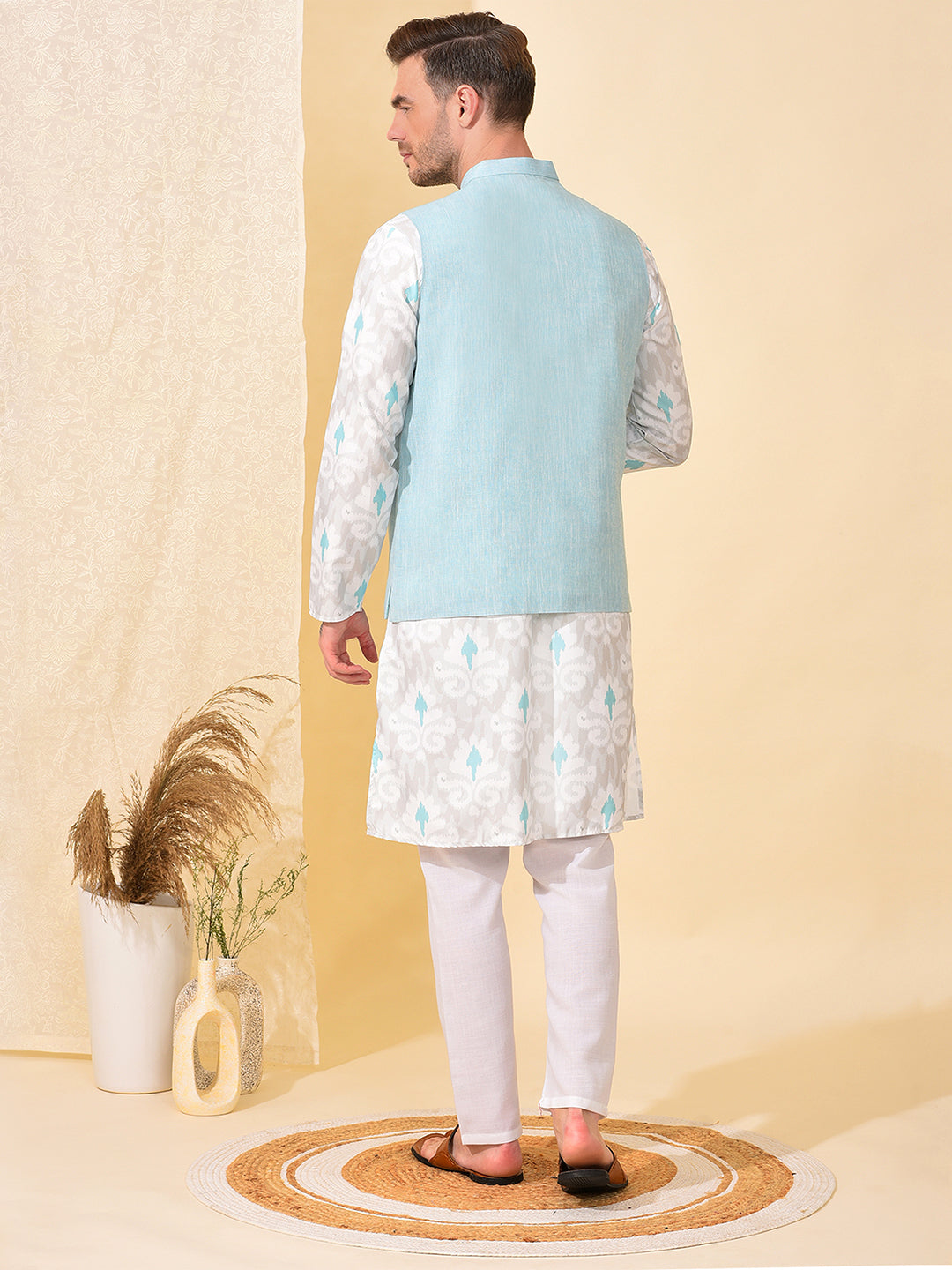 Hangup Men's Ethnic Aqua Long Kurta Pyjama and Nehru Jacket Set