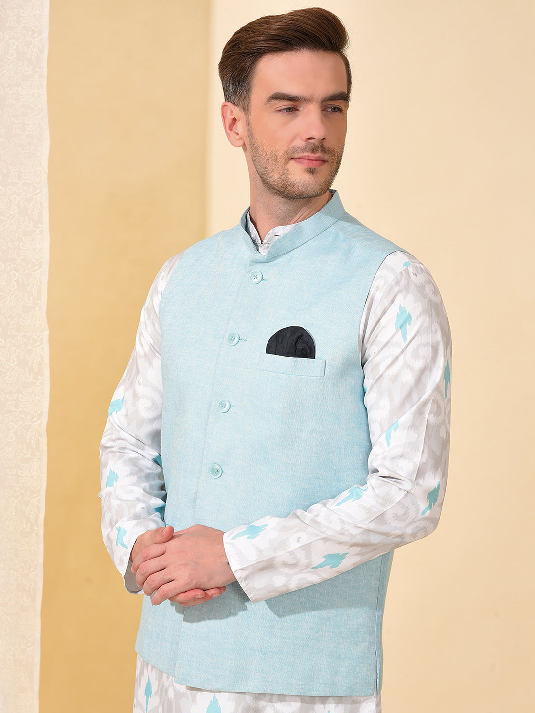 Hangup Men's Ethnic Aqua Long Kurta Pyjama and Nehru Jacket Set