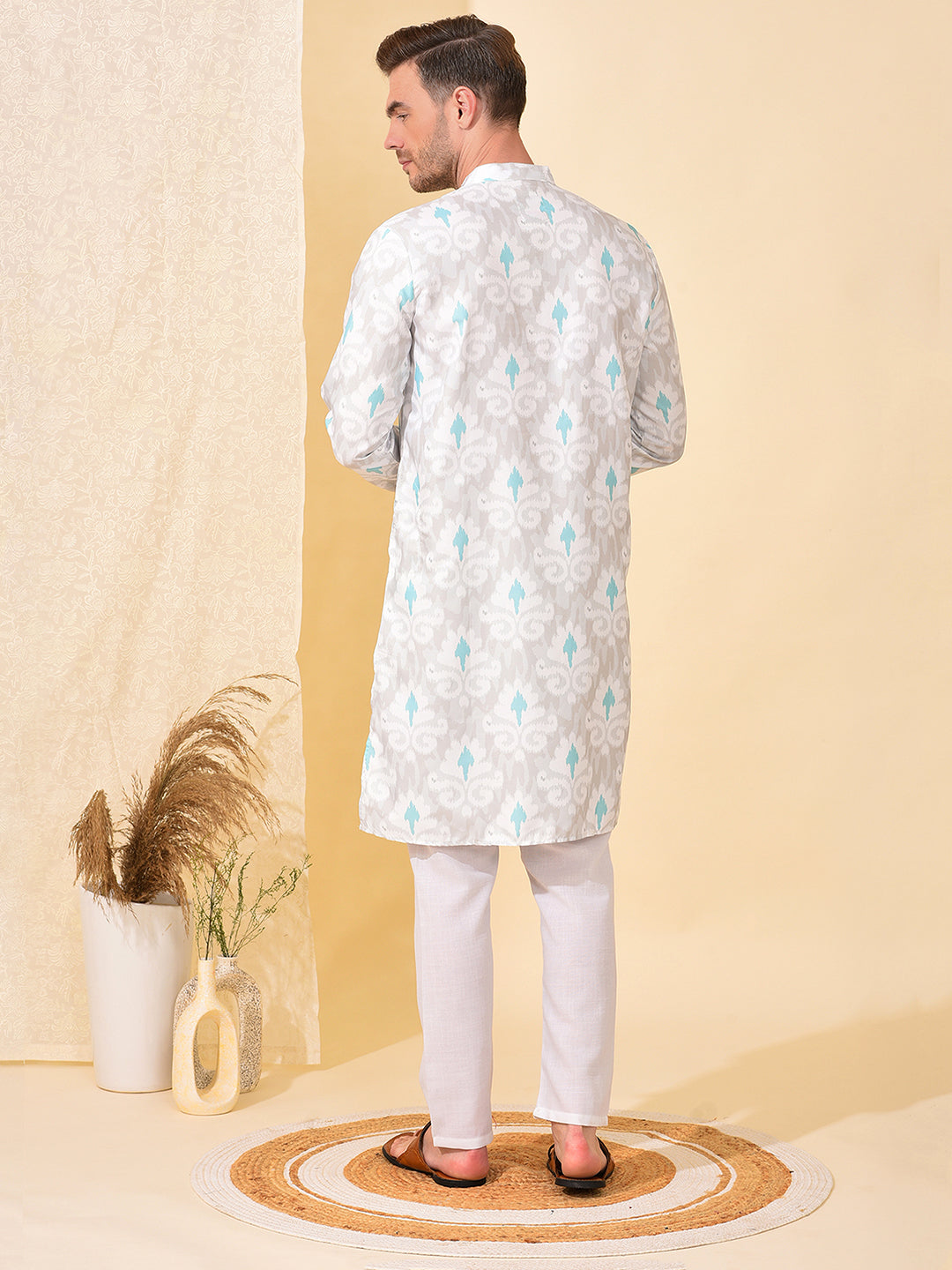 Hangup Men's Ethnic Aqua Long Kurta Pyjama and Nehru Jacket Set