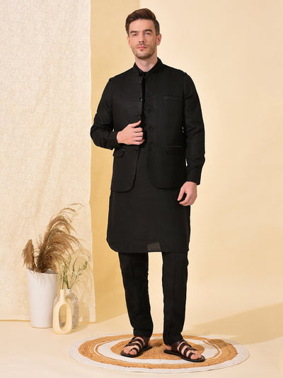 Hangup Men's Ethnic Black Pathani Kurta Salwar and Nehru Jacket Set