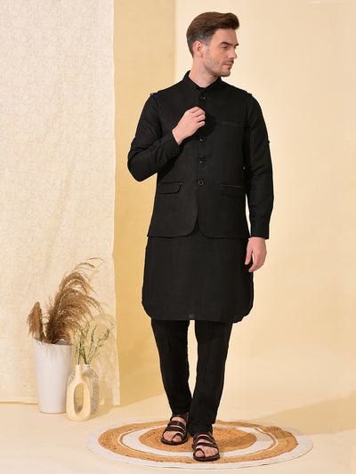 Hangup Men's Ethnic Black Pathani Kurta Salwar and Nehru Jacket Set