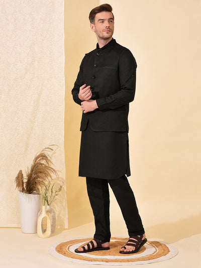 Hangup Men's Ethnic Black Pathani Kurta Salwar and Nehru Jacket Set