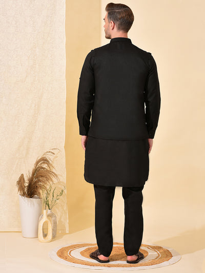 Hangup Men's Ethnic Black Pathani Kurta Salwar and Nehru Jacket Set