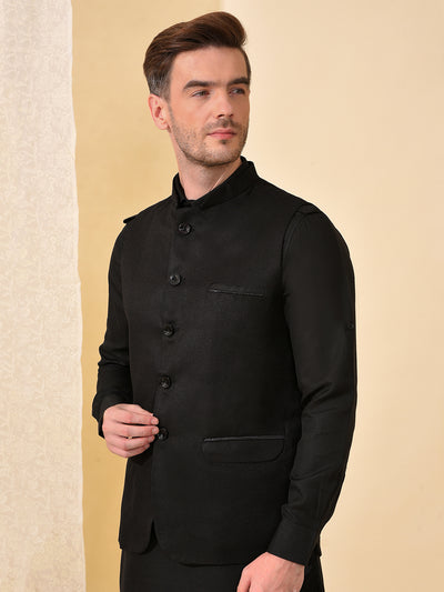 Hangup Men's Ethnic Black Pathani Kurta Salwar and Nehru Jacket Set