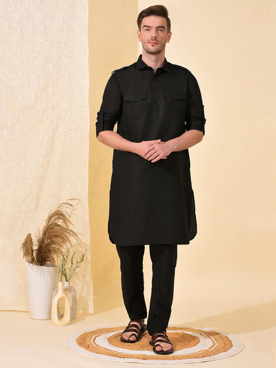 Hangup Men's Ethnic Black Pathani Kurta Salwar and Nehru Jacket Set