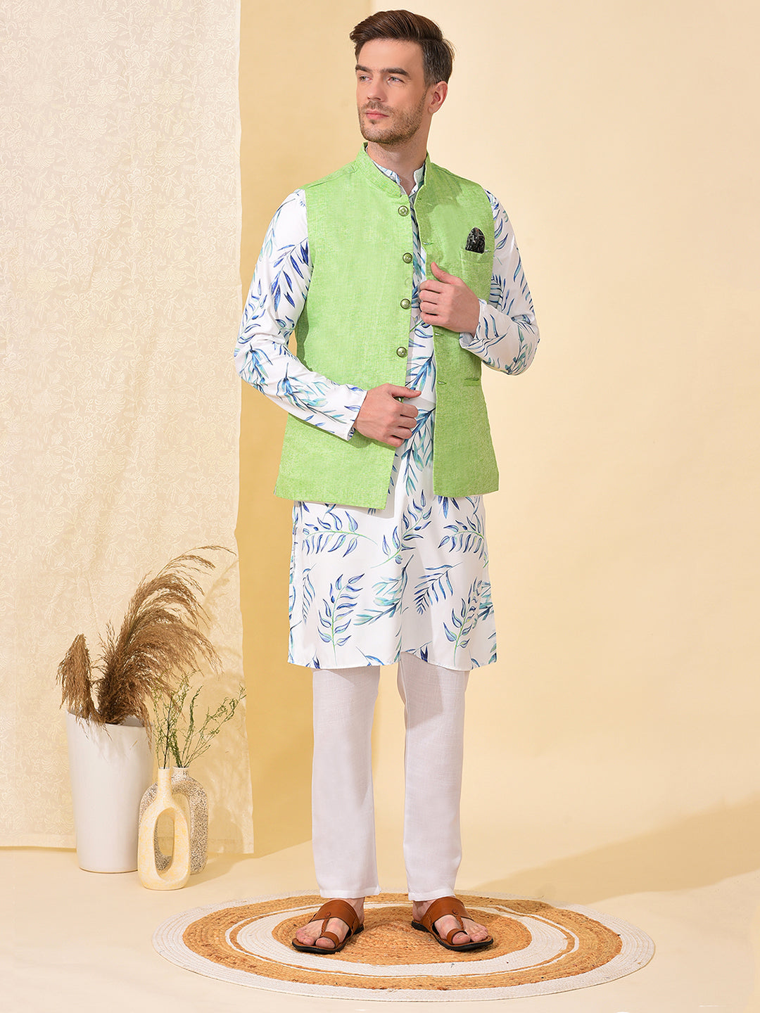 Hangup Men's Ethnic Parrot Long Kurta Pyjama and Nehru Jacket Set