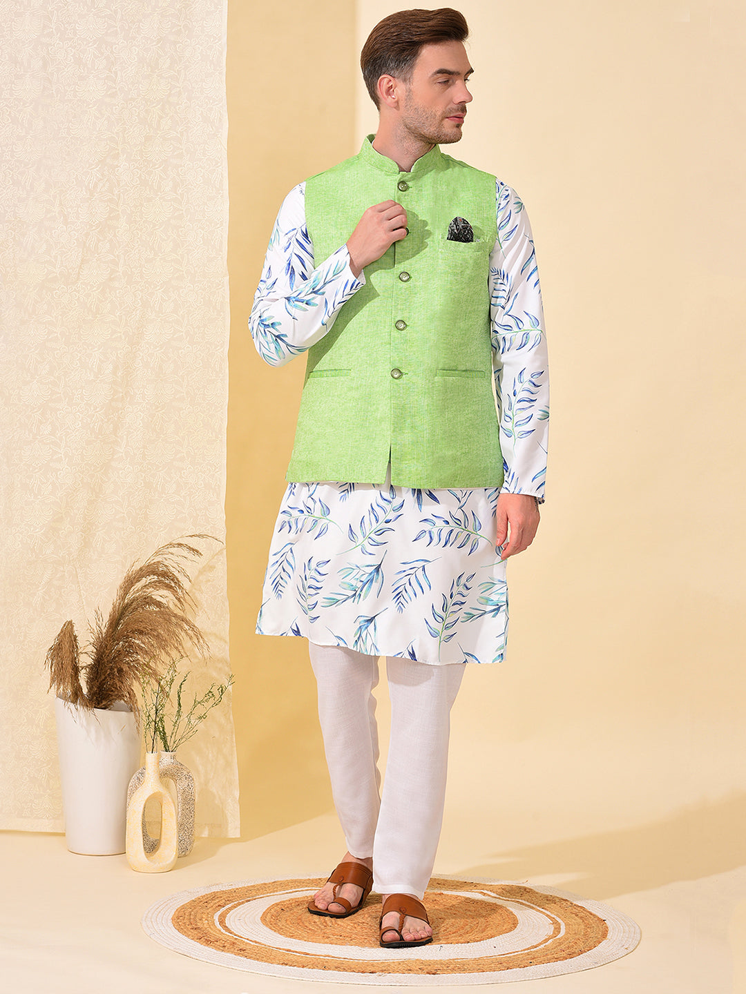 Hangup Men's Ethnic Parrot Long Kurta Pyjama and Nehru Jacket Set