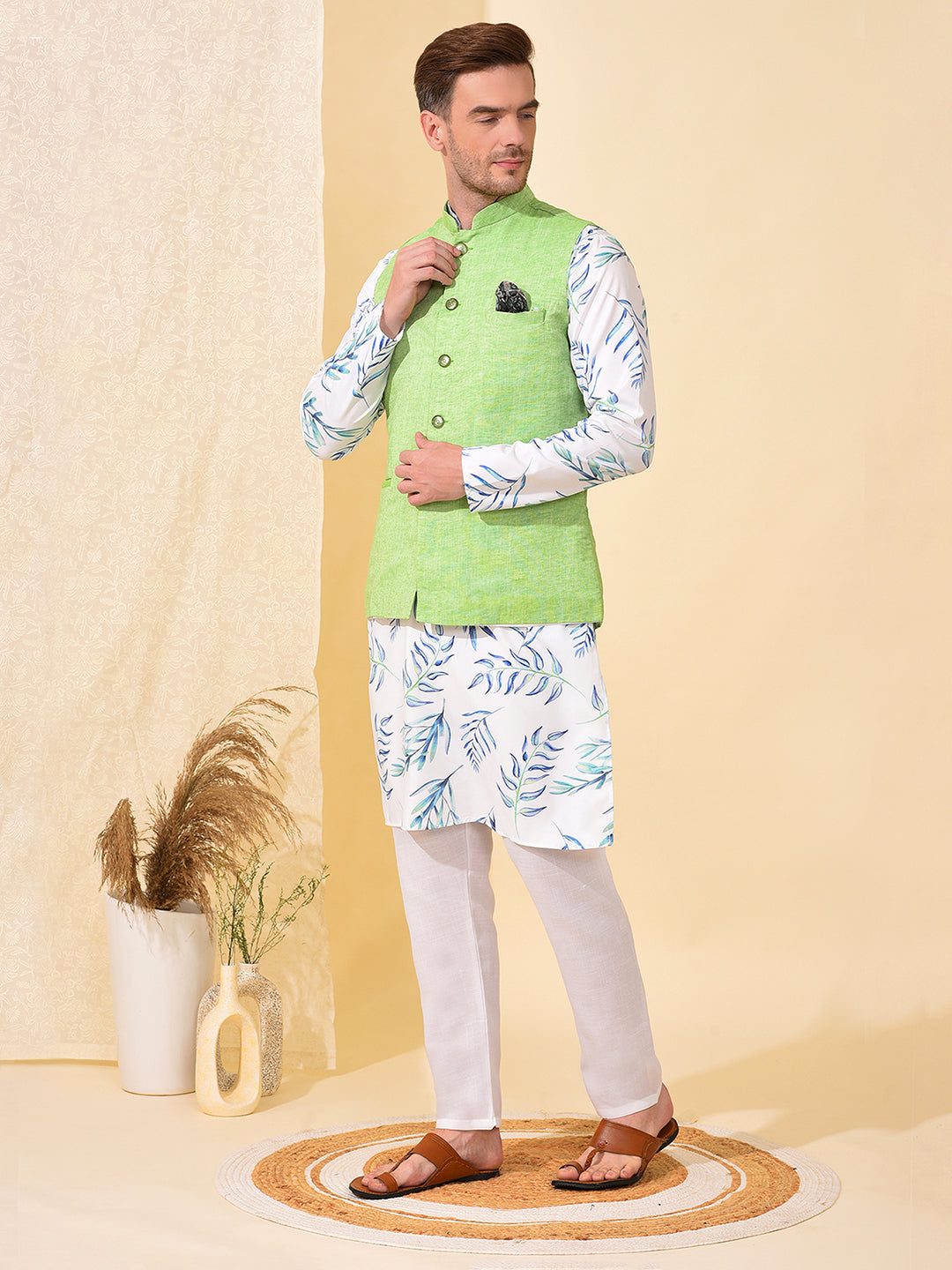 Hangup Men's Ethnic Parrot Long Kurta Pyjama and Nehru Jacket Set