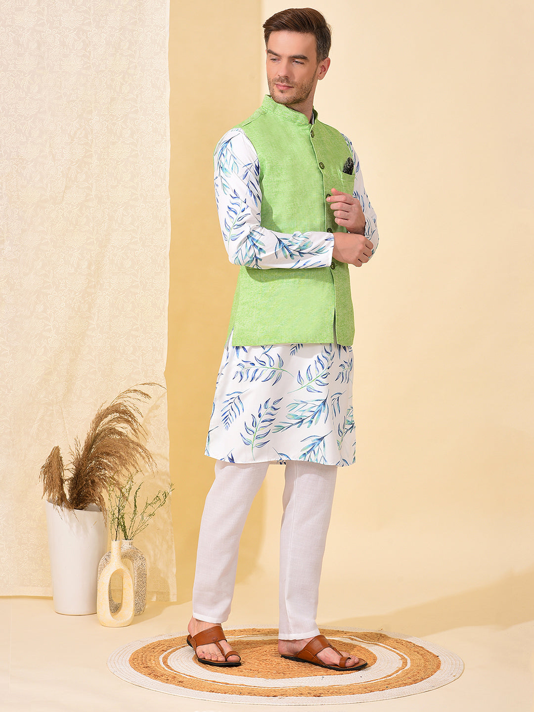 Hangup Men's Ethnic Parrot Long Kurta Pyjama and Nehru Jacket Set