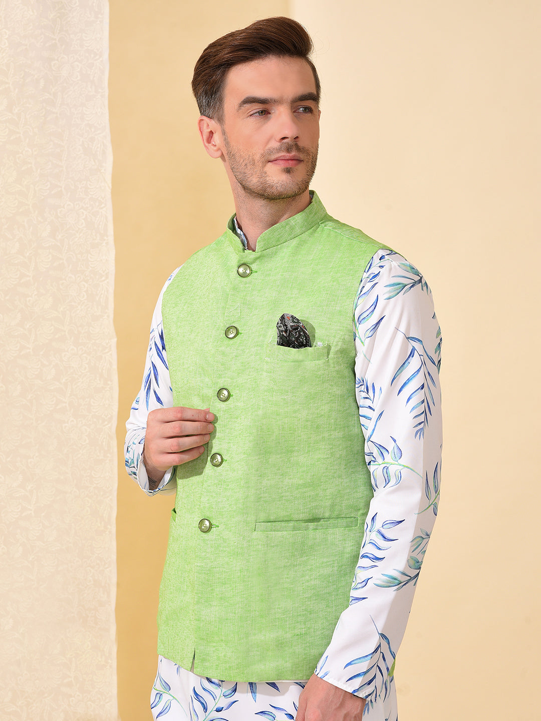 Hangup Men's Ethnic Parrot Long Kurta Pyjama and Nehru Jacket Set