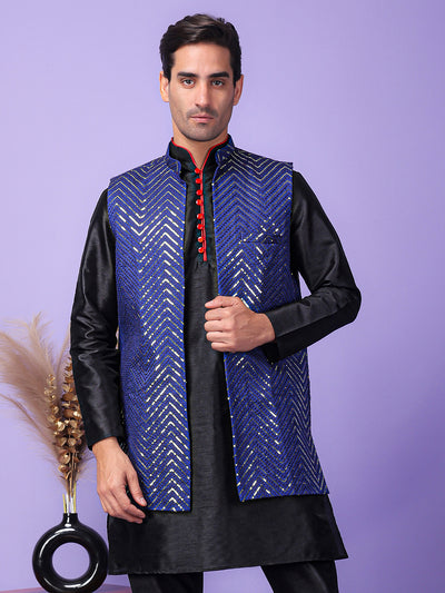 Hangup Men Partywear Embroidered  Navy Blue Kurta Pyjama with Nehru Jacket set