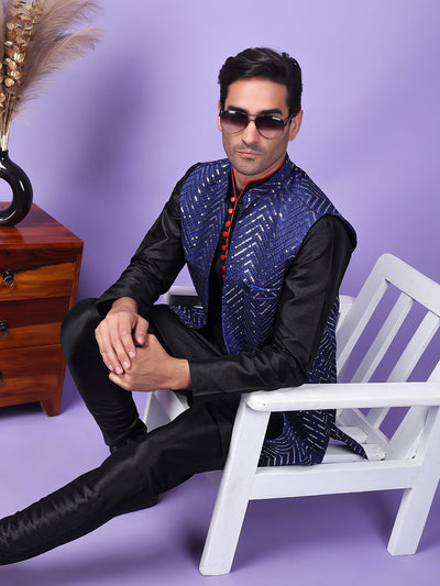 Hangup Men Partywear Embroidered  Navy Blue Kurta Pyjama with Nehru Jacket set