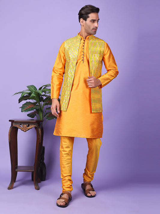 Hangup Men Partywear Embroidered  Yellow Kurta Pyjama with Nehru Jacket set