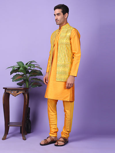 Hangup Men Partywear Embroidered  Yellow Kurta Pyjama with Nehru Jacket set