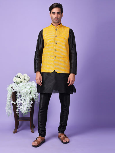 Hangup Men Partywear Embroidered  Yellow Kurta Pyjama with Nehru Jacket set