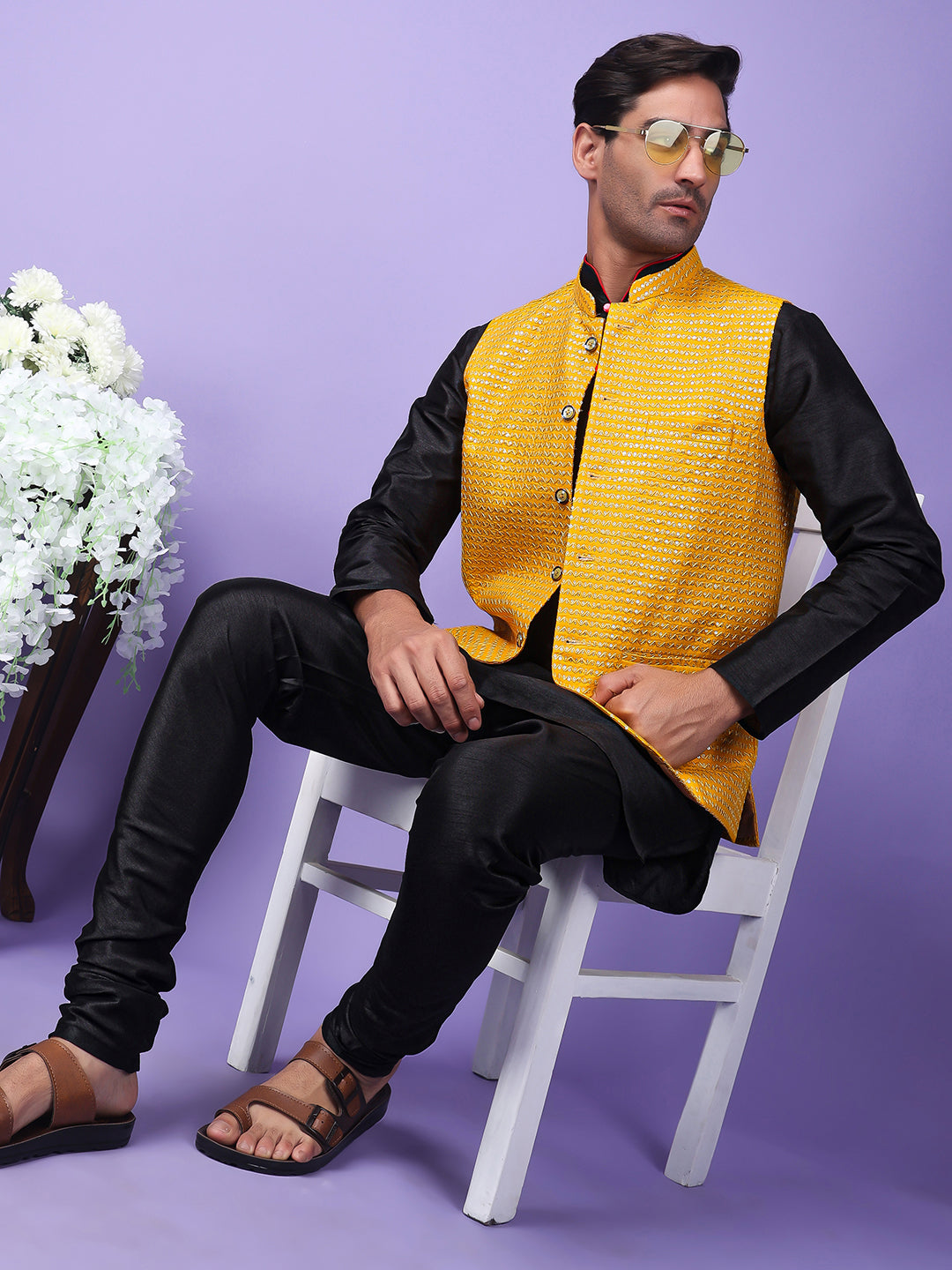 Hangup Men Partywear Embroidered  Yellow Kurta Pyjama with Nehru Jacket set