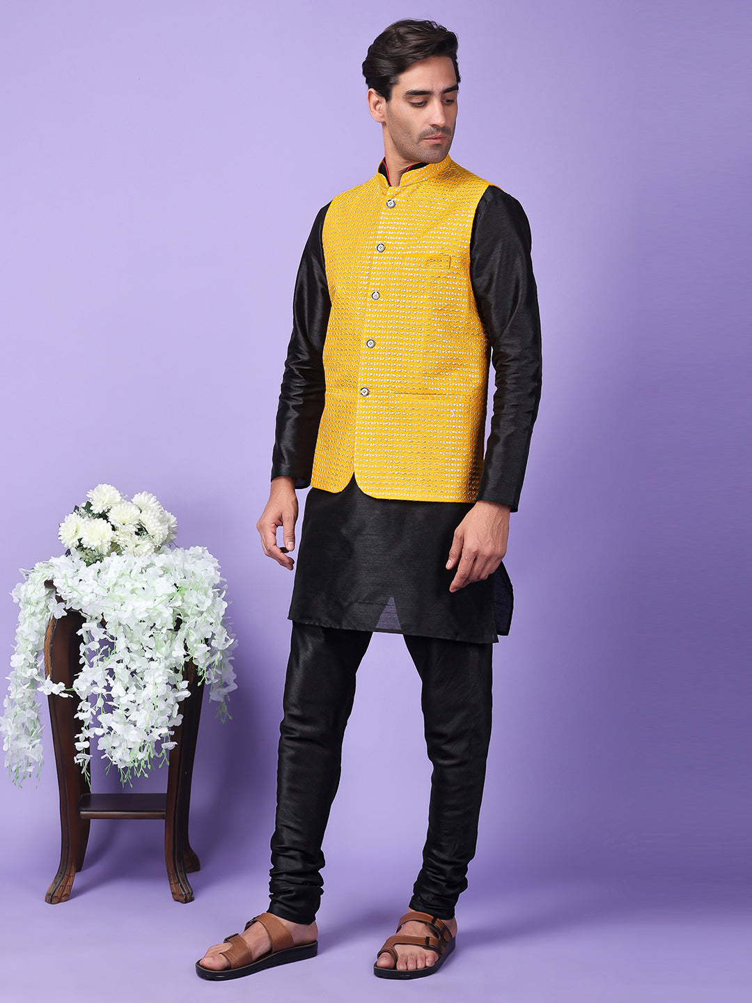 Hangup Men Partywear Embroidered  Yellow Kurta Pyjama with Nehru Jacket set