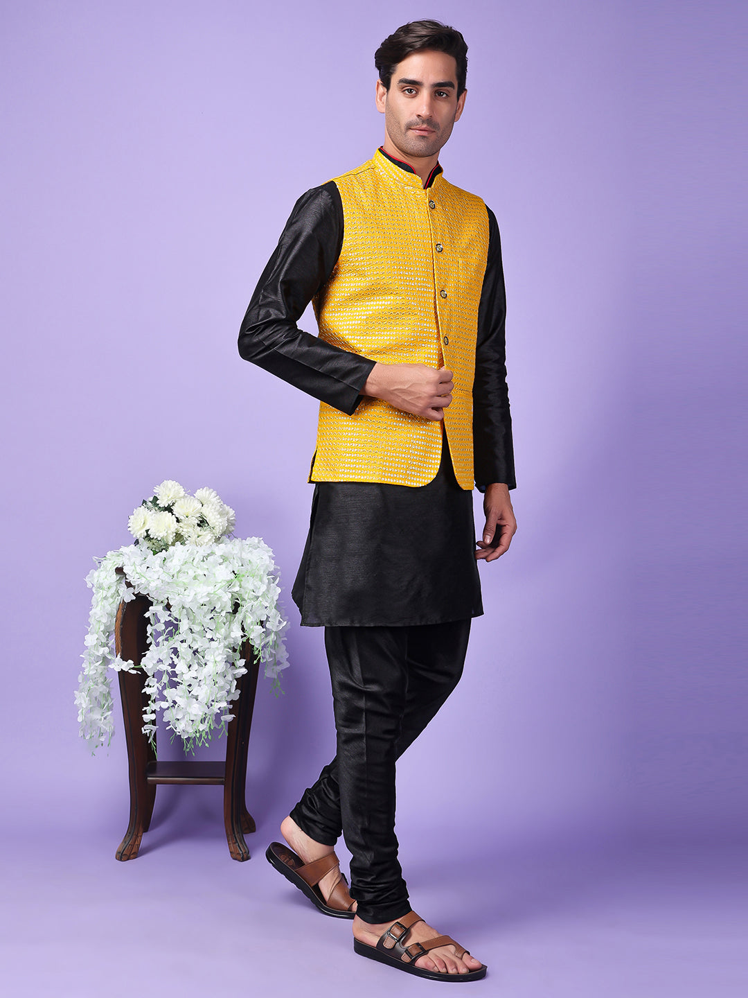 Hangup Men Partywear Embroidered  Yellow Kurta Pyjama with Nehru Jacket set