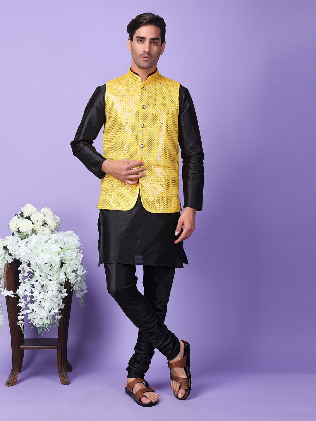 Hangup Men Partywear Embroidered  Yellow Kurta Pyjama with Nehru Jacket set