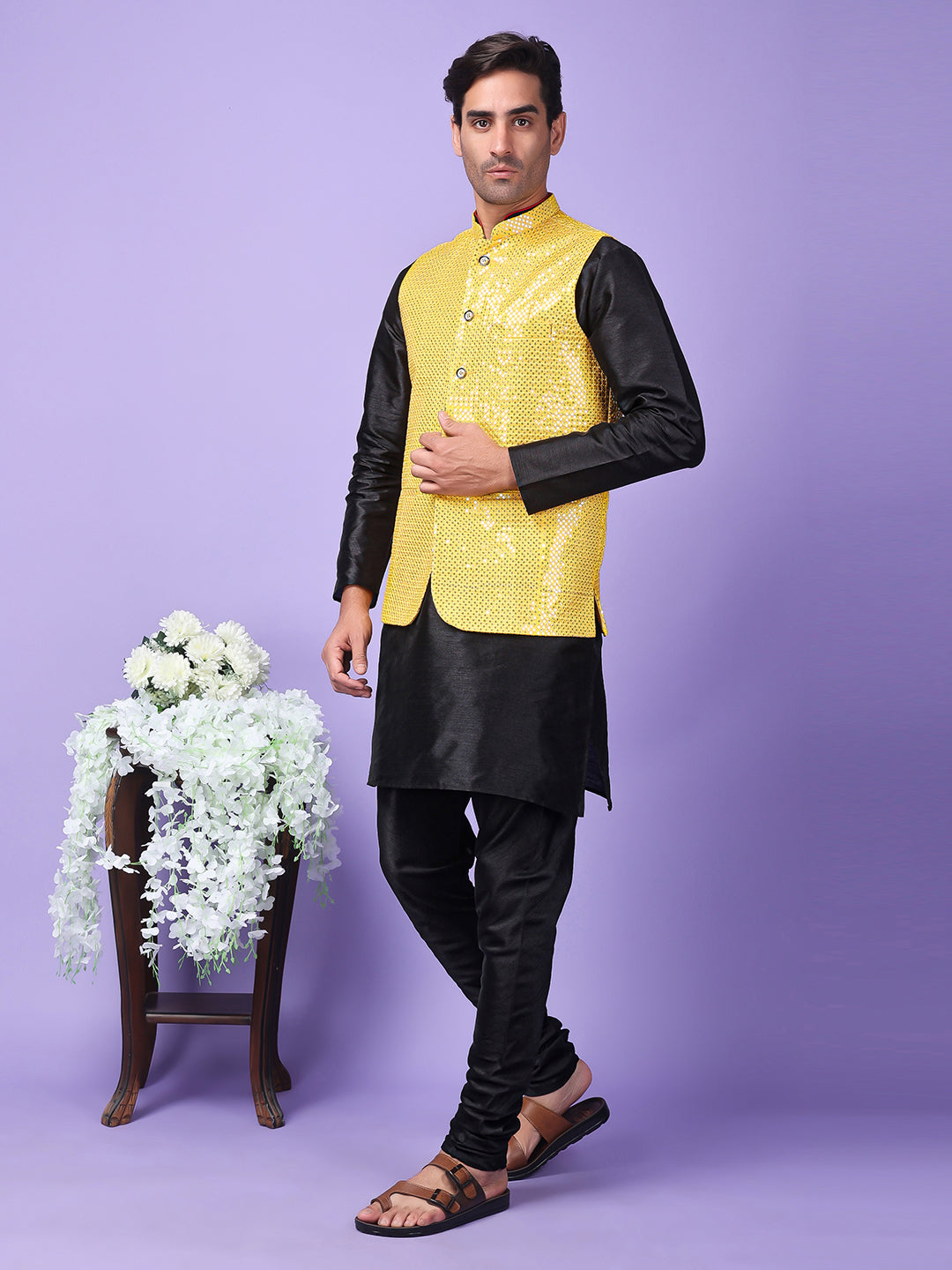 Hangup Men Partywear Embroidered  Yellow Kurta Pyjama with Nehru Jacket set