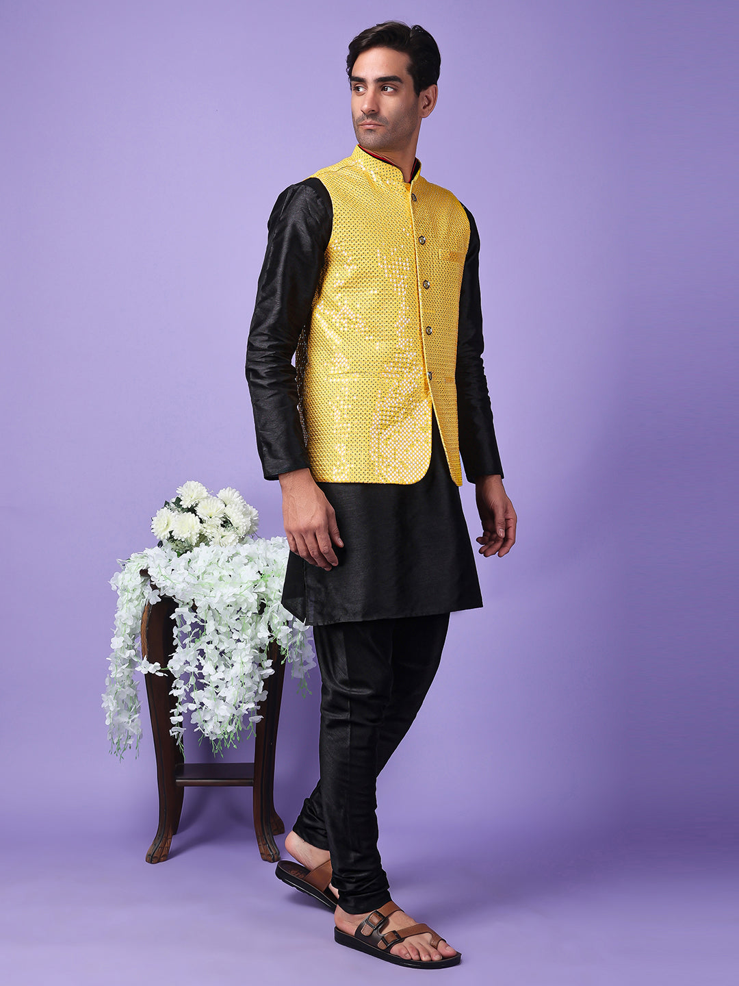 Hangup Men Partywear Embroidered  Yellow Kurta Pyjama with Nehru Jacket set