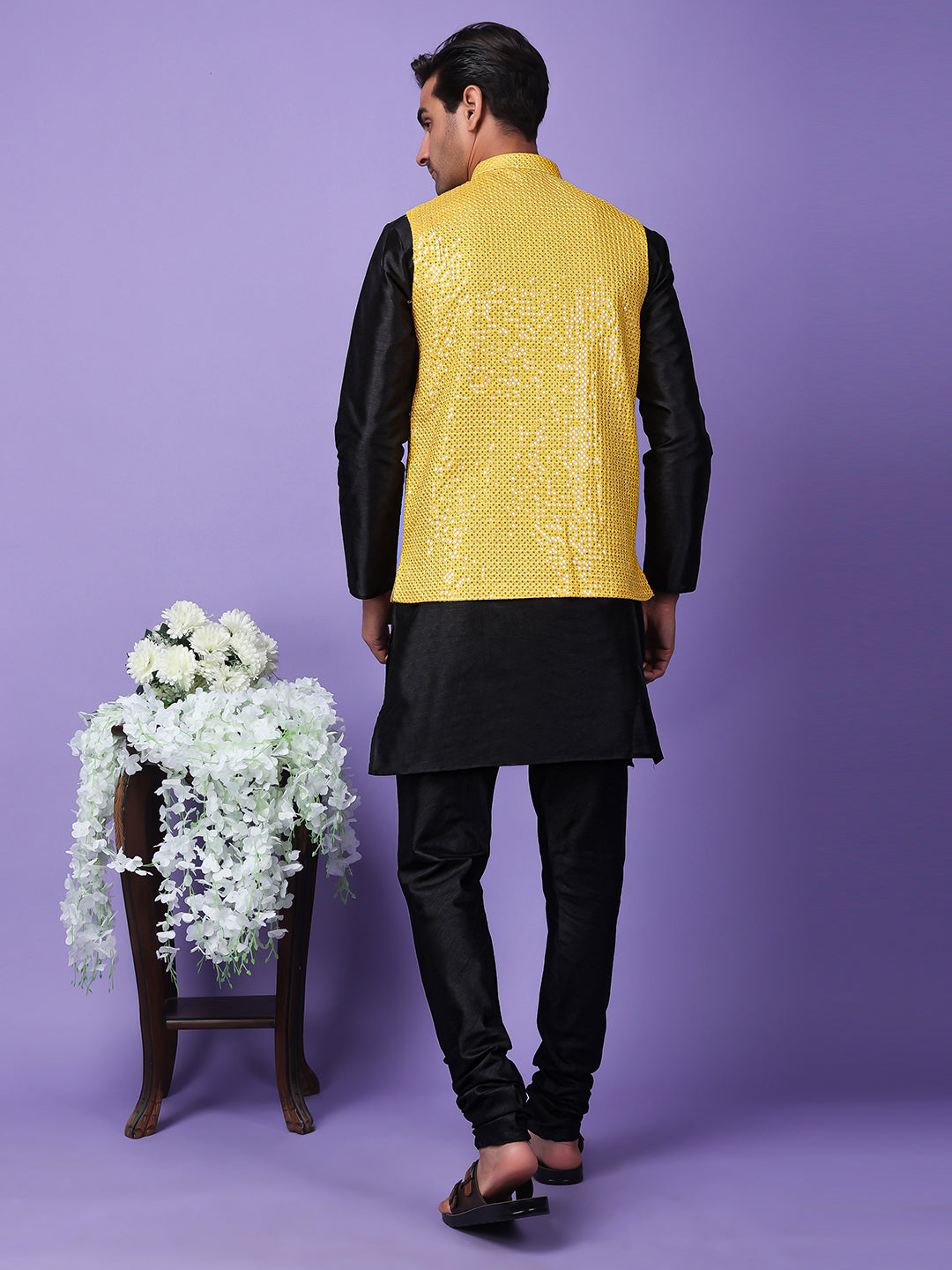 Hangup Men Partywear Embroidered  Yellow Kurta Pyjama with Nehru Jacket set