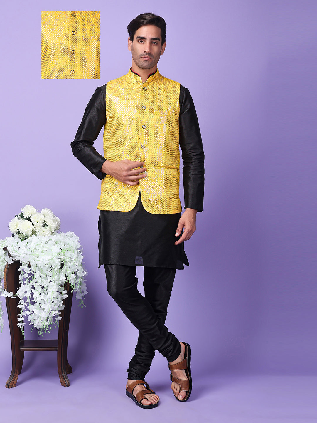 Hangup Men Partywear Embroidered  Yellow Kurta Pyjama with Nehru Jacket set