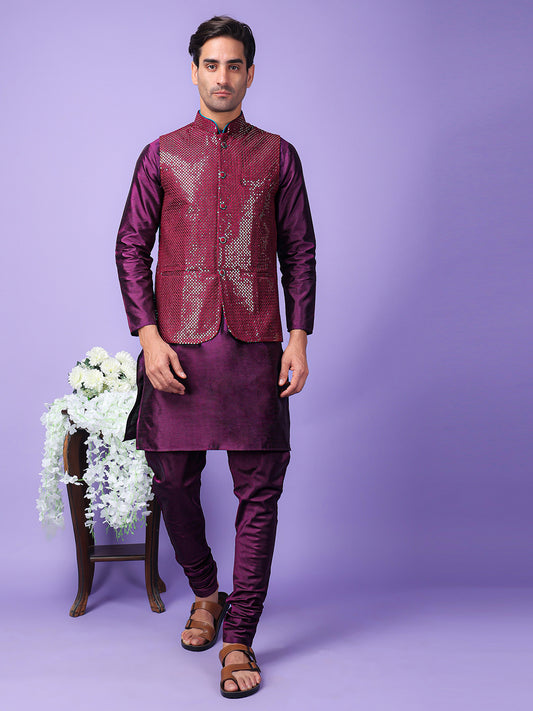 Hangup Men Partywear Embroidered  Purple Kurta Pyjama with Nehru Jacket set