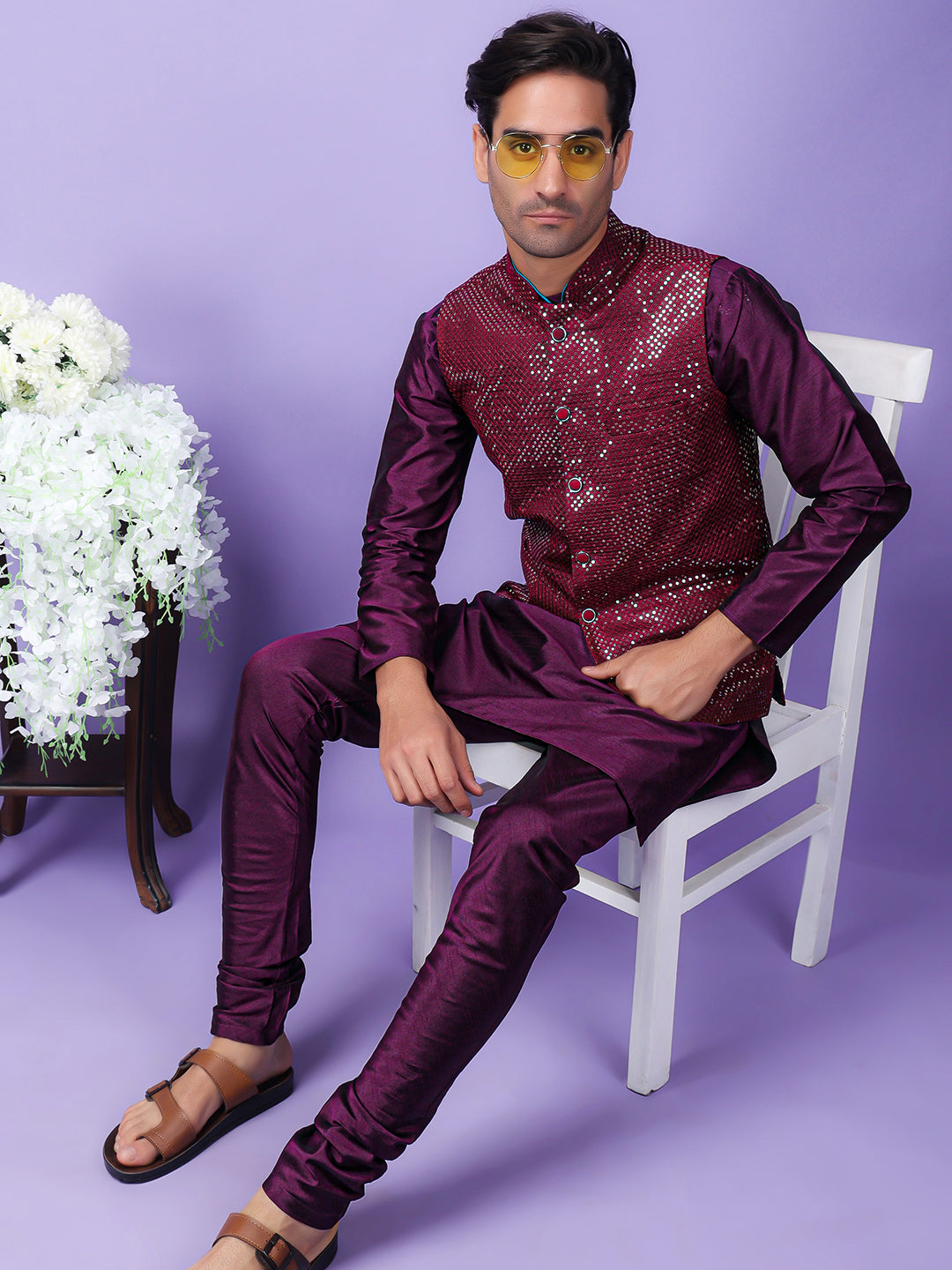 Hangup Men Partywear Embroidered  Purple Kurta Pyjama with Nehru Jacket set