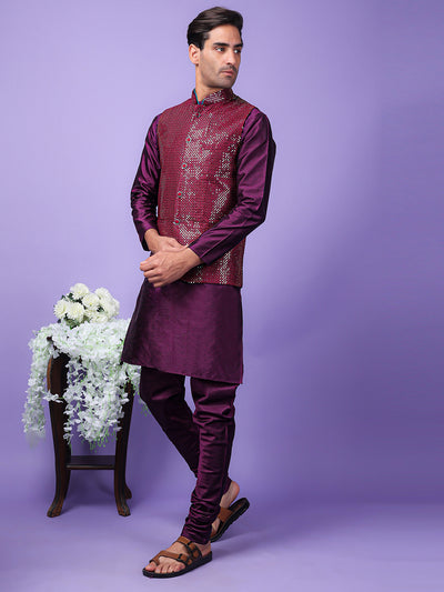 Hangup Men Partywear Embroidered  Purple Kurta Pyjama with Nehru Jacket set