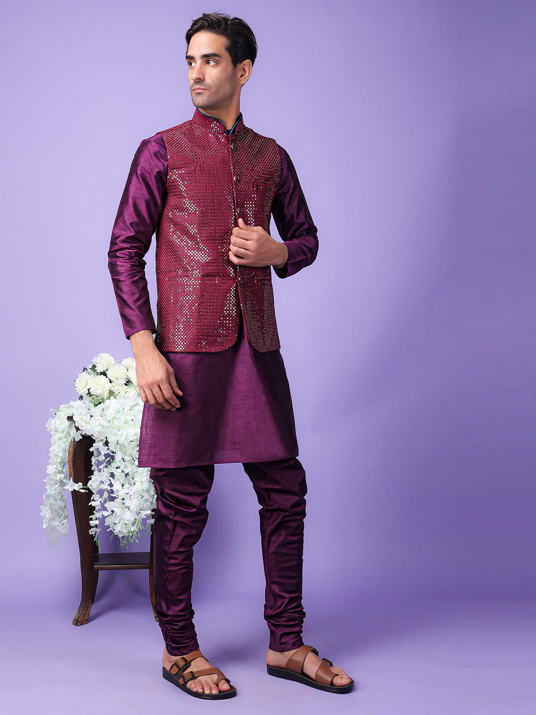 Hangup Men Partywear Embroidered  Purple Kurta Pyjama with Nehru Jacket set